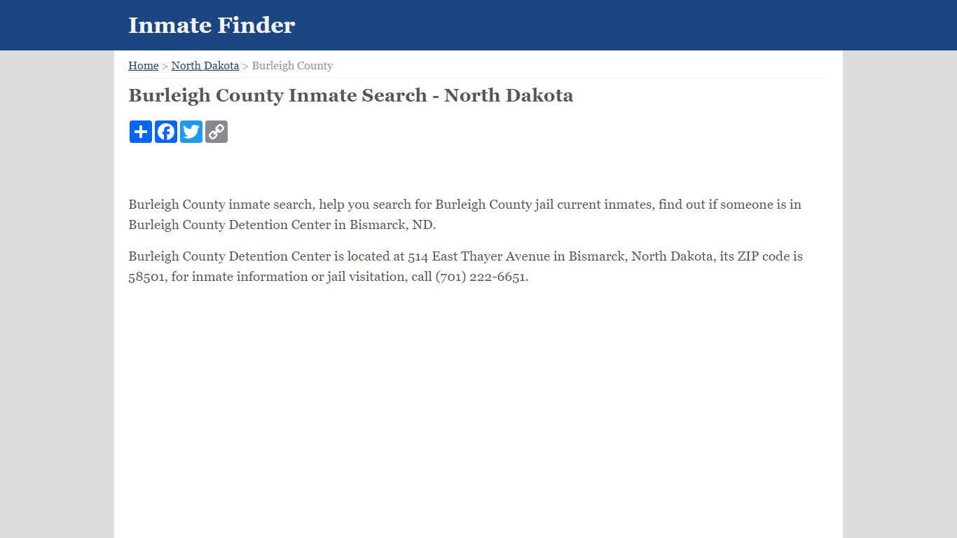 Burleigh County Inmate Search - North Dakota - InmateFinder.org